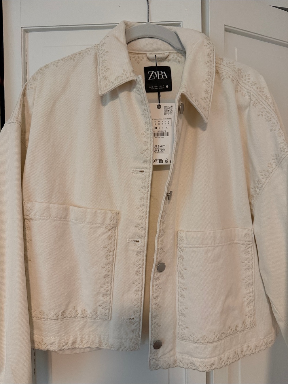 Zara Cream Embroidered Denim Jacket